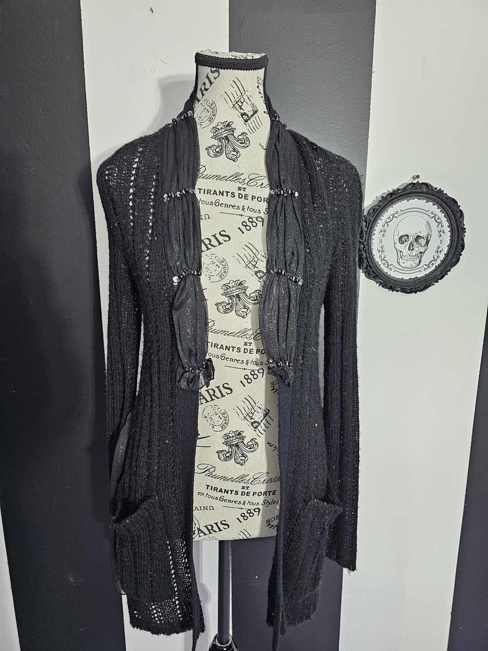 Vintage Black Open-Front Cardigan with Scarf Trim